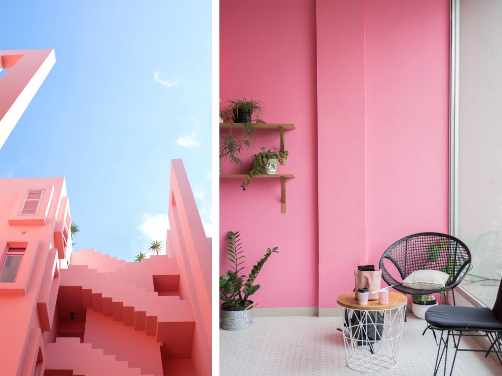Left: A pink clad building with contrasting blue sky. Right: This millennial pink statement wall paired with a black wire chair and white wire coffee table is an online interior design dream.